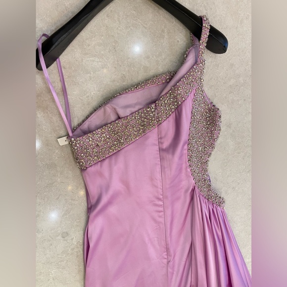 Mac Duggal 68447 Ruched One Shoulder Side Cutout Embellished Satin Gown Lilac 2 - Picture 4 of 14